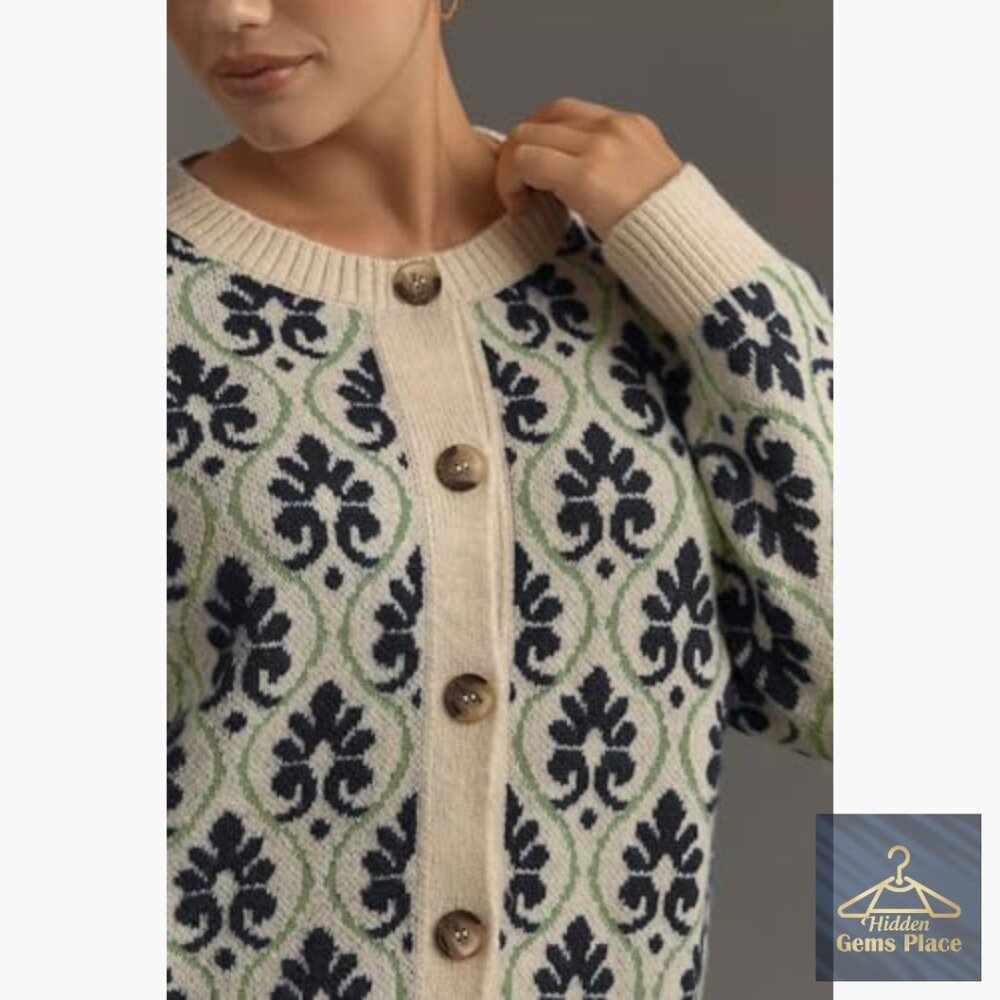 Floral Cardigan Sweater Open Front Long Sleeve Button Down Knit Vintage - Picture 5 of 7